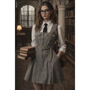 Free Assembly Houndstooth Belted Utility Mini Dress Academia Preppy School Girl